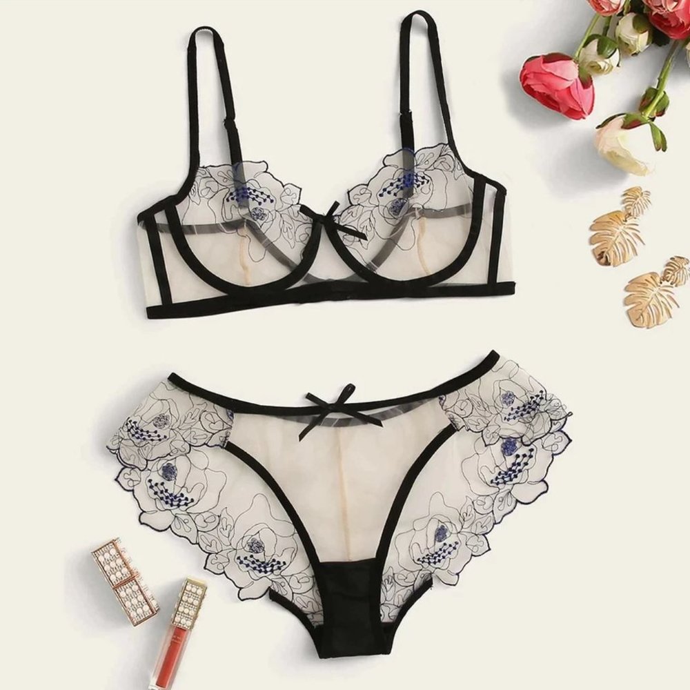 2pc Embroidery Sheer Lace Lingerie Set